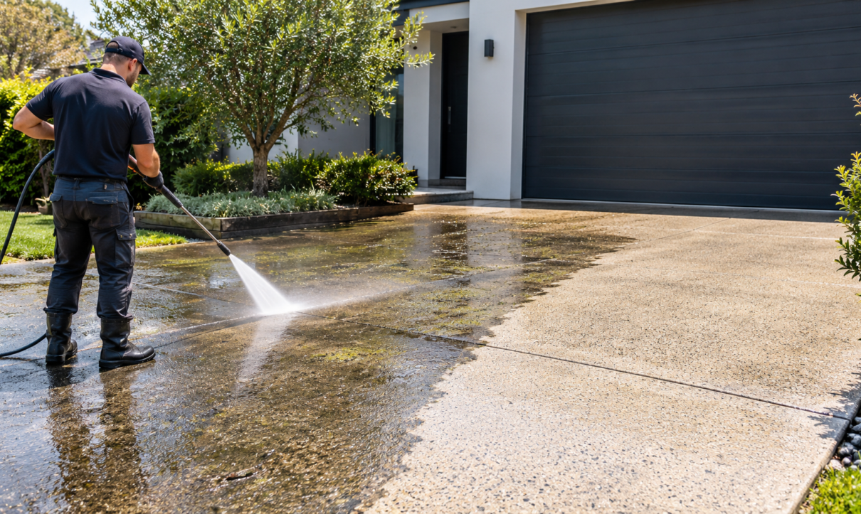Concrete driveway being pressure washed by Shine Up Exterior Cleaning in Melbourne