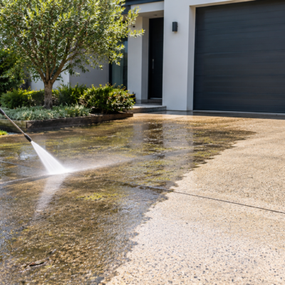 Concrete driveway being pressure washed by Shine Up Exterior Cleaning in Melbourne
