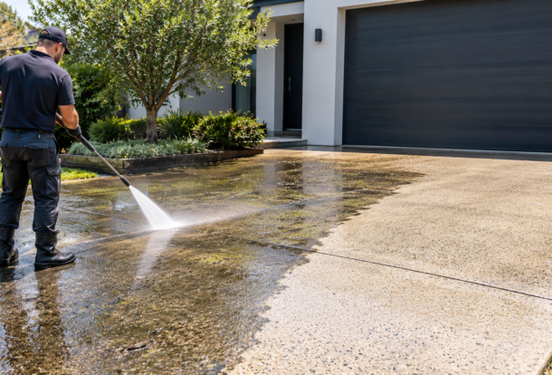 Concrete driveway being pressure washed by Shine Up Exterior Cleaning in Melbourne